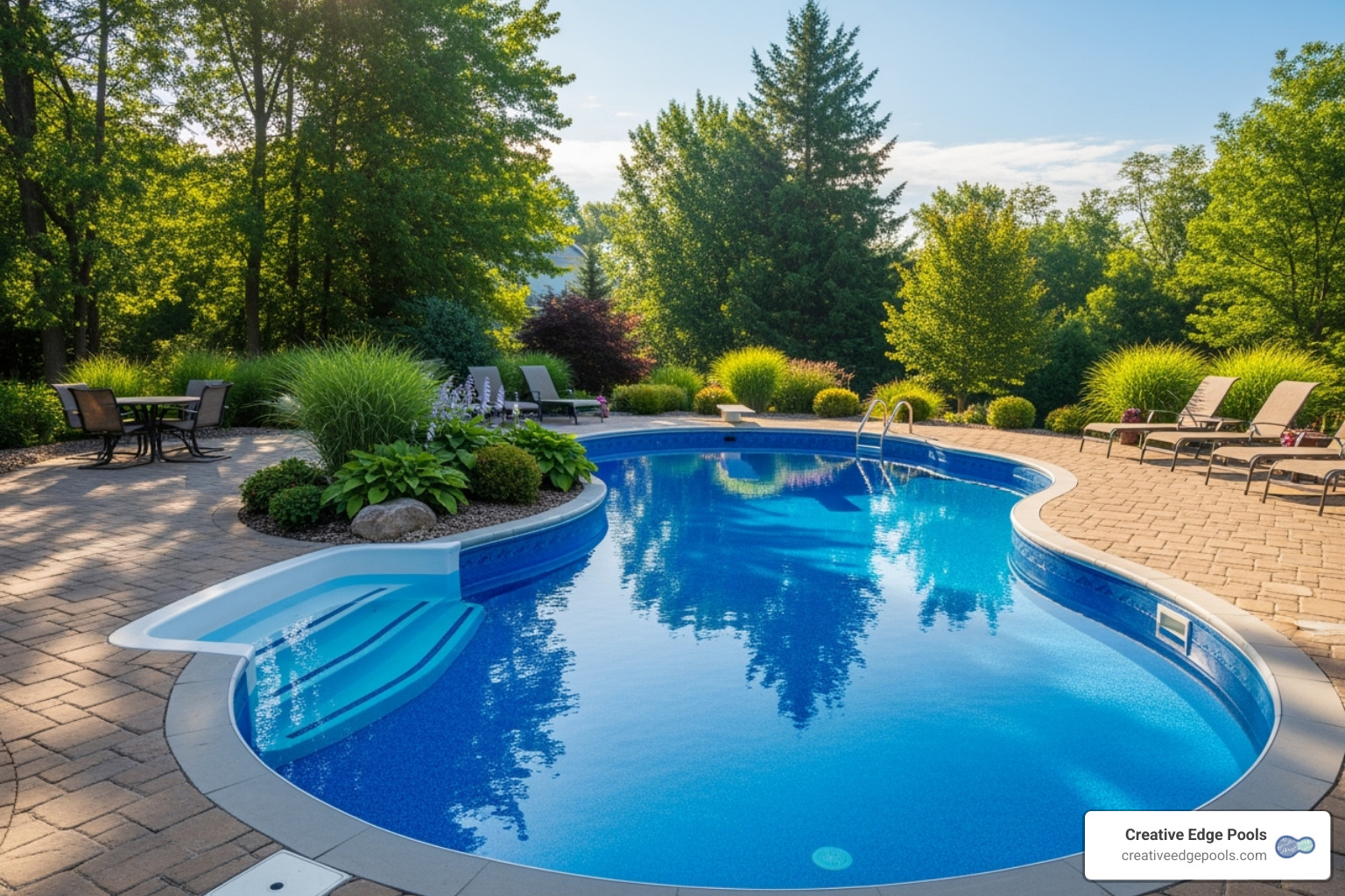 free-form pool with integrated vinyl-over steps - average price for pool liner installation