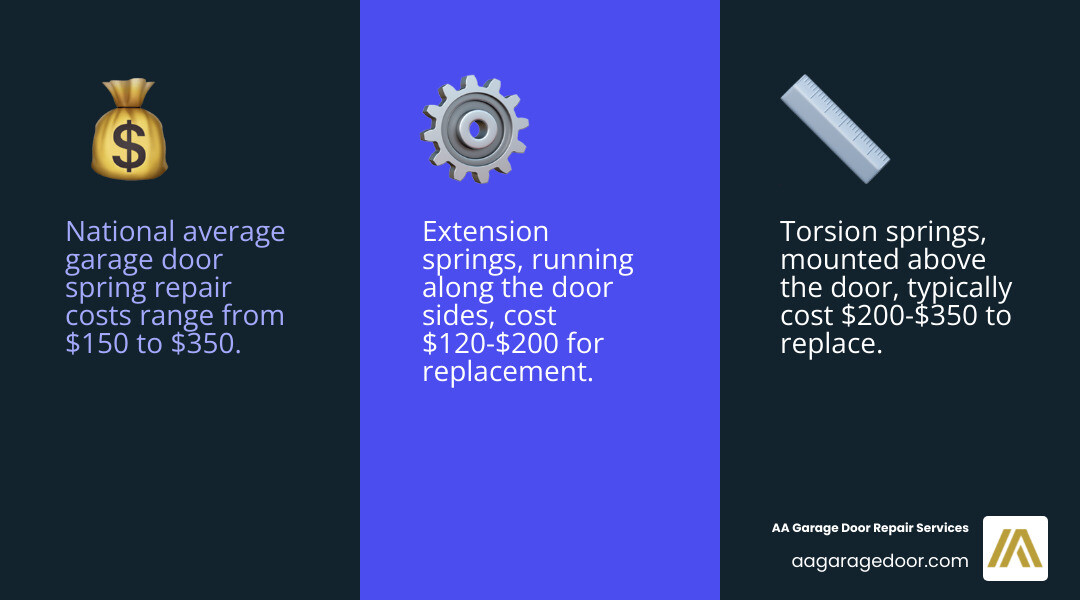 Infographic showing how torsion springs mount above garage door opening and extension springs stretch along door tracks, with arrows indicating counterbalance forces that lift heavy garage door panels - garage door spring repair price infographic 3_facts_emoji_blue
