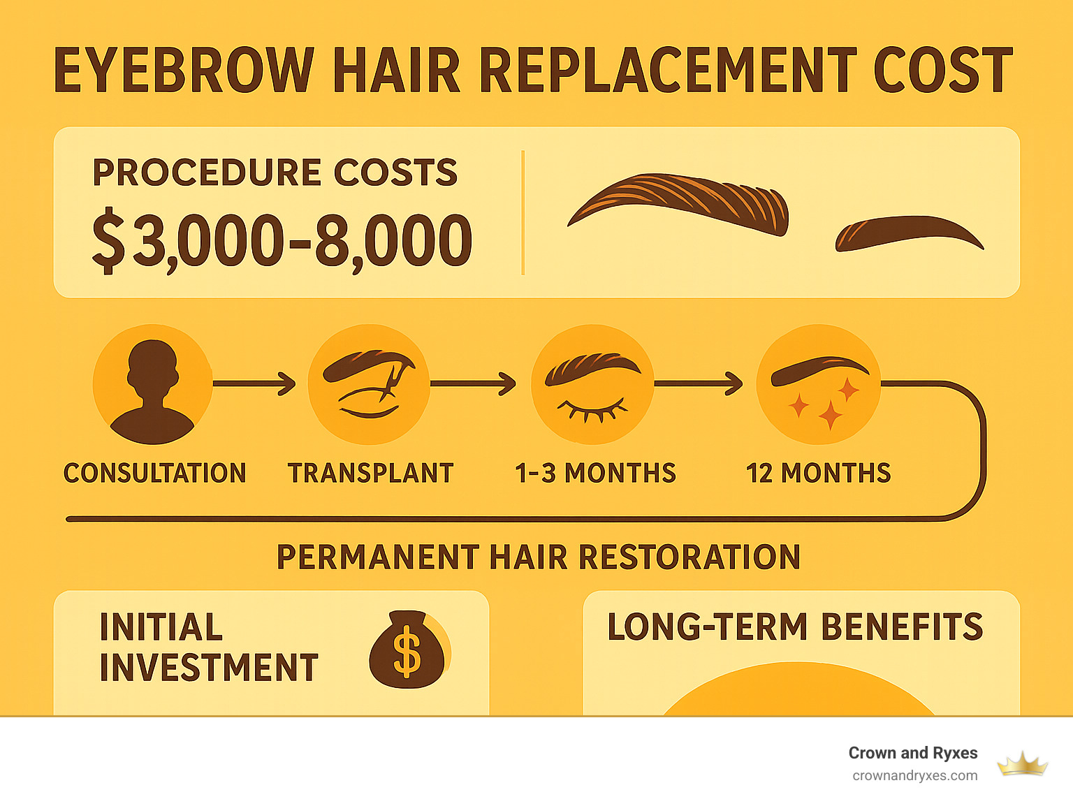 Comprehensive breakdown of eyebrow transplant procedure costs, timeline from consultation through full results at 12 months, showing initial investment versus long-term benefits of permanent hair restoration - eyebrow hair replacement cost infographic 