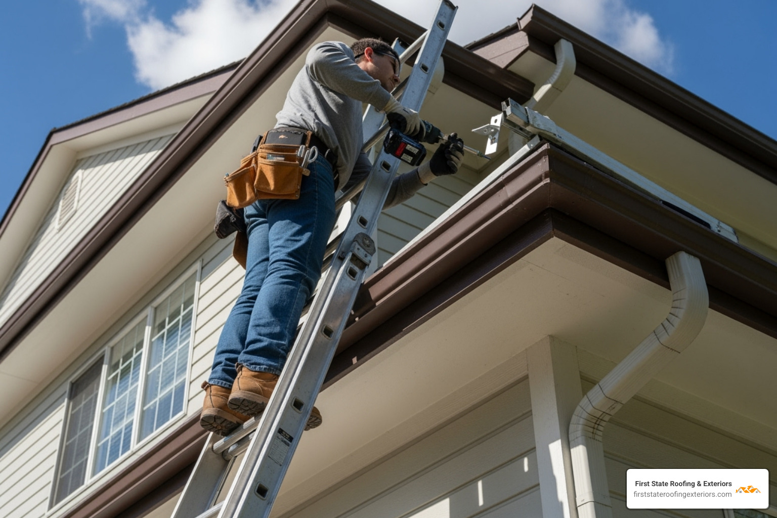 A person on a ladder performing a DIY gutter repair, focusing on securing a section of the gutter to the fascia board - Sagging gutter repair