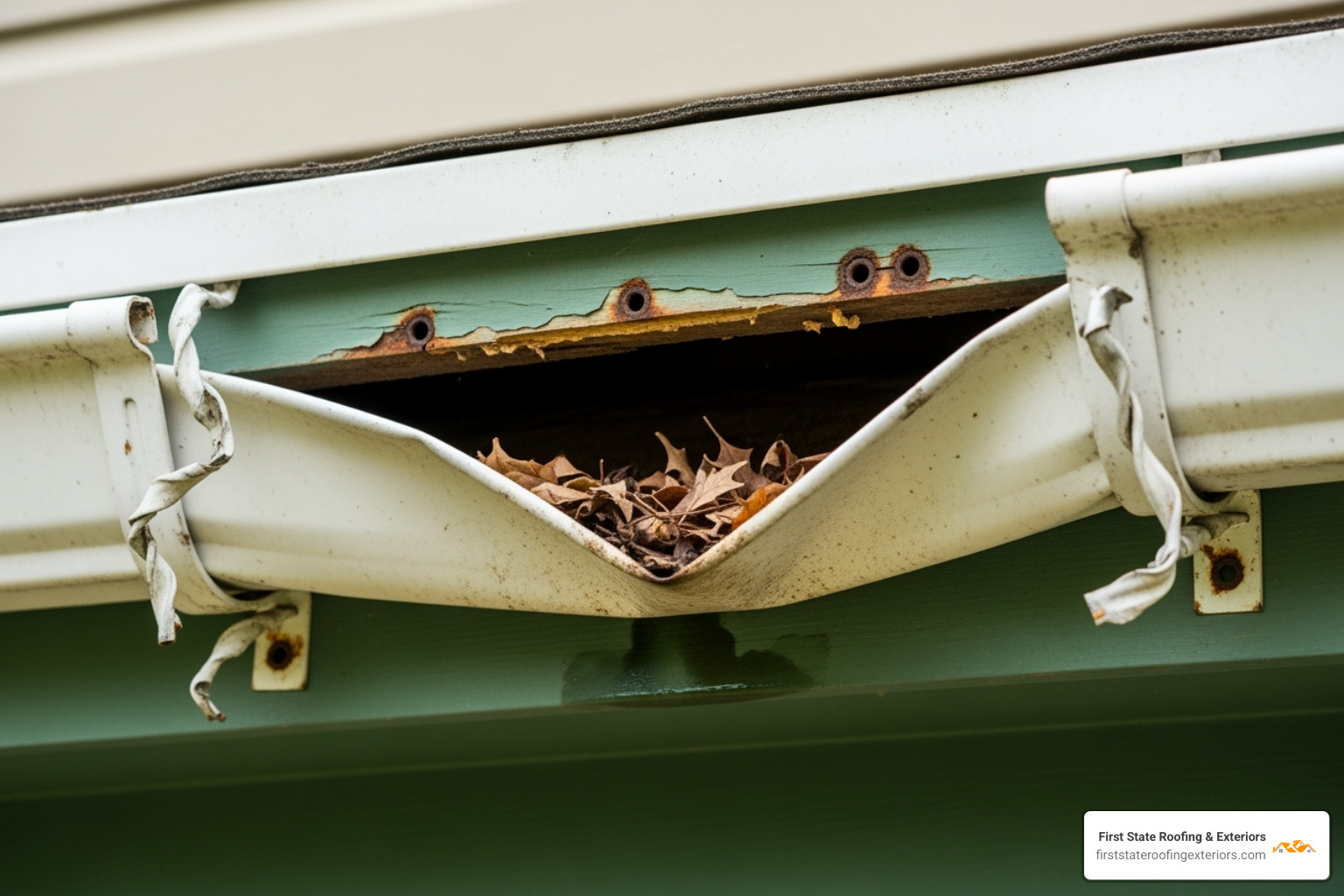 A visibly sagging gutter pulling away from the fascia board, indicating a need for repair - Sagging gutter repair