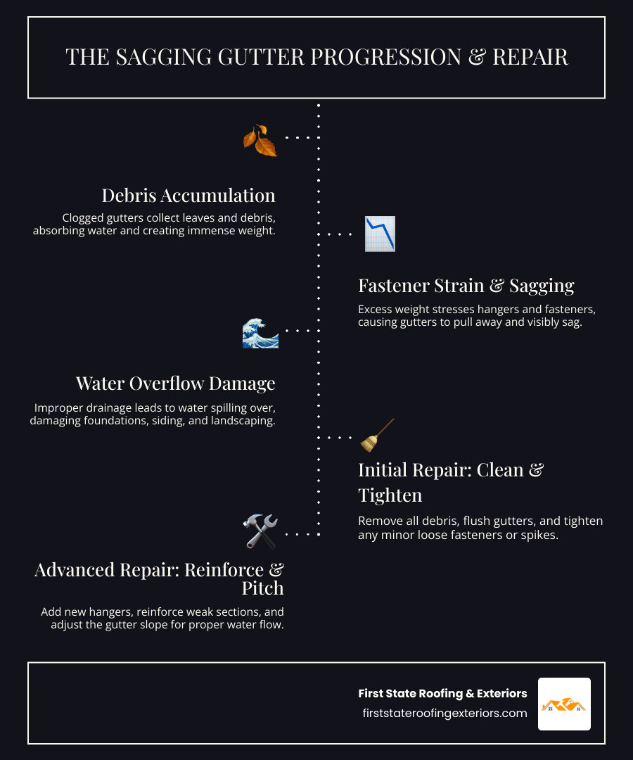 Infographic showing the progression of sagging gutter problems: debris buildup leading to excess weight, loose hangers causing gaps, water overflow damaging foundation and siding, and the repair process including cleaning, reinforcing supports, and adjusting slope - Sagging gutter repair infographic infographic-line-5-steps-dark