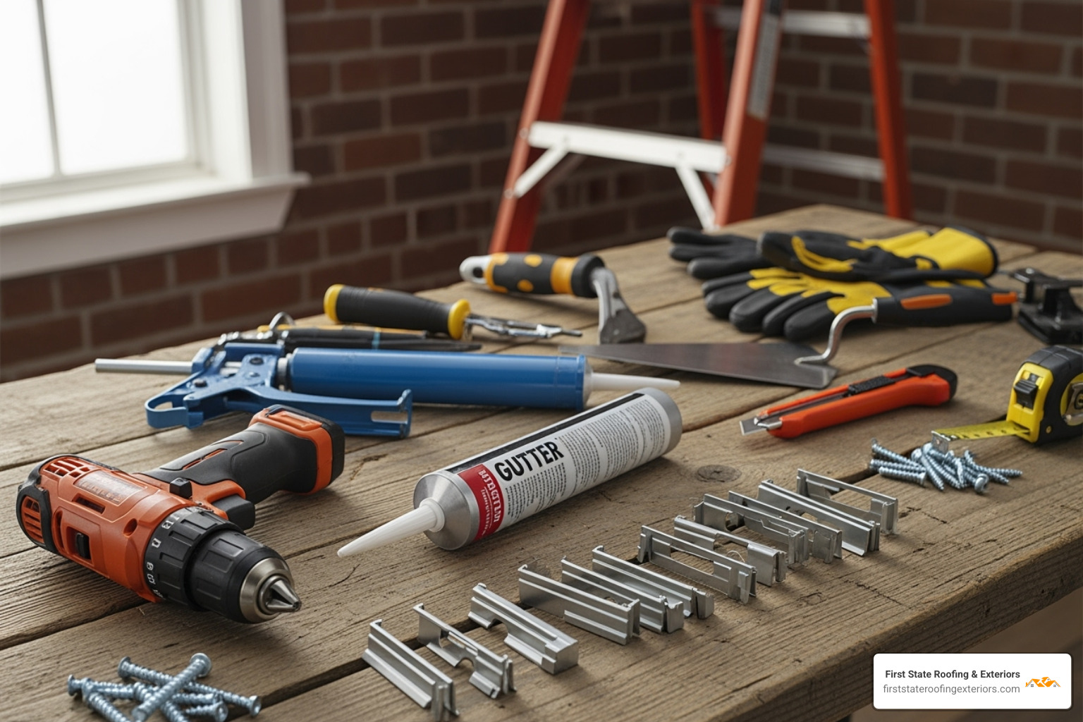 Essential gutter repair tools laid out, including a ladder, drill, gutter hangers, and sealant - Sagging gutter repair