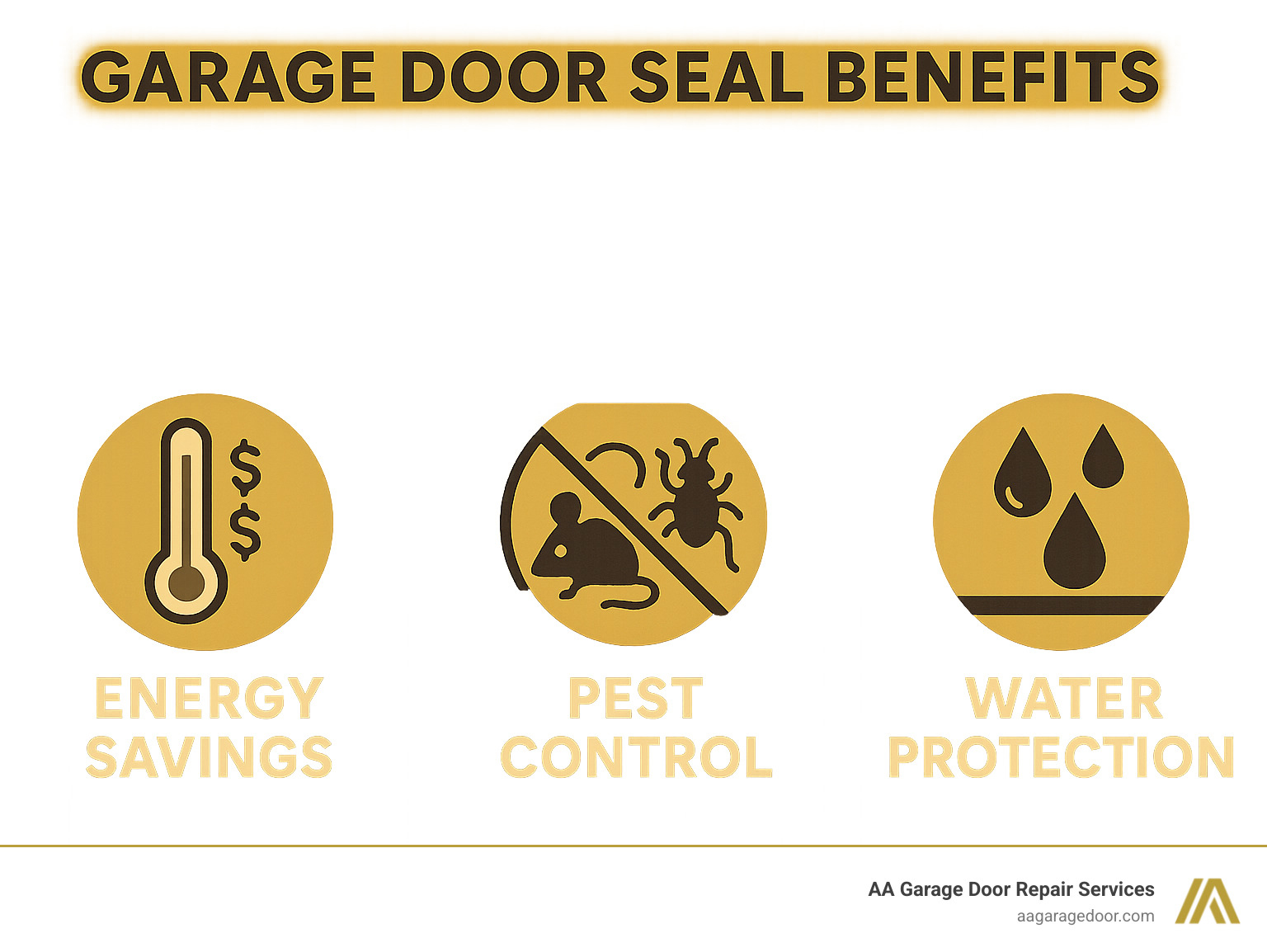 Infographic showing garage door seal benefits with icons for energy savings displaying a thermometer with dollar signs, pest control showing blocked mice and insects, and water protection showing raindrops being blocked from entering the garage - garage door rubber replacement infographic 