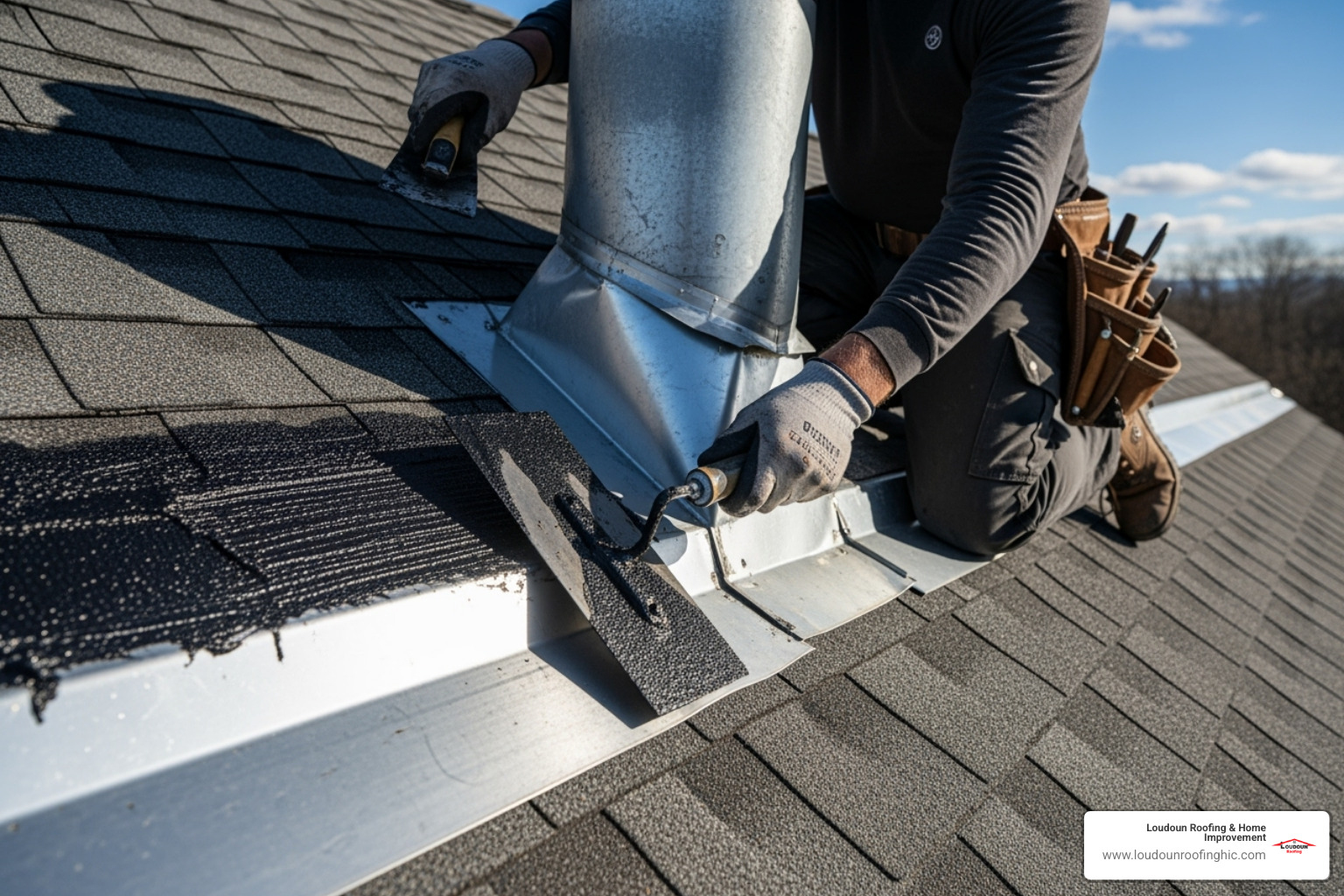 Image of a roofer applying roofing cement to a flashing seam. - Roof and window flashing