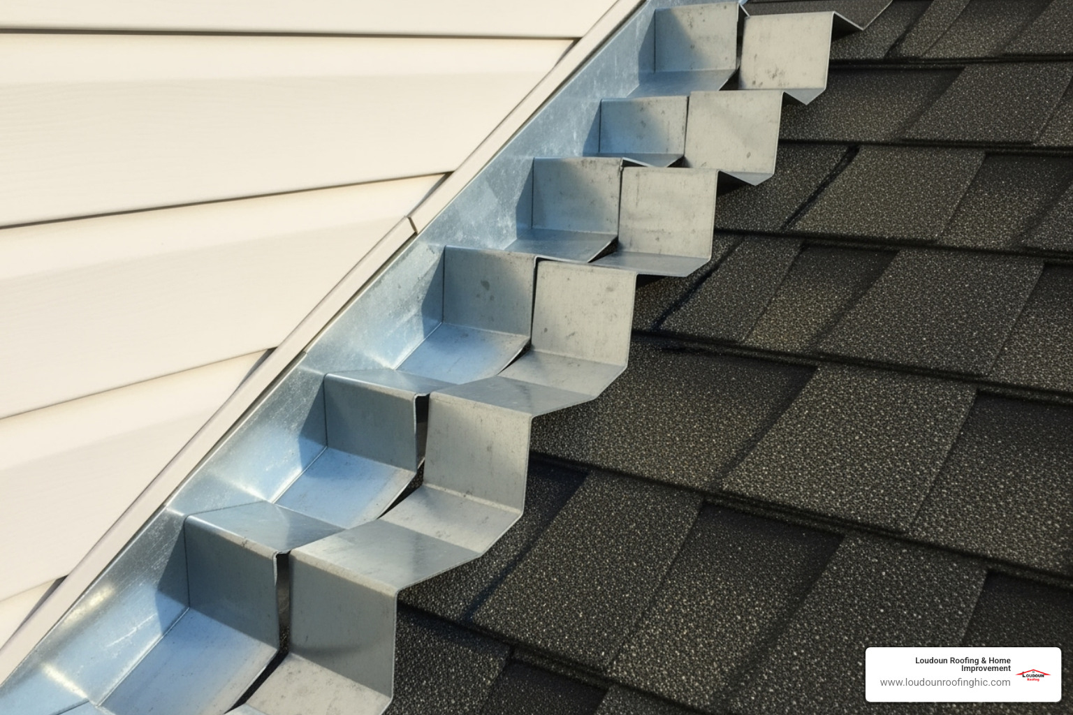 Image of step flashing woven into shingles along a wall. - Roof and window flashing