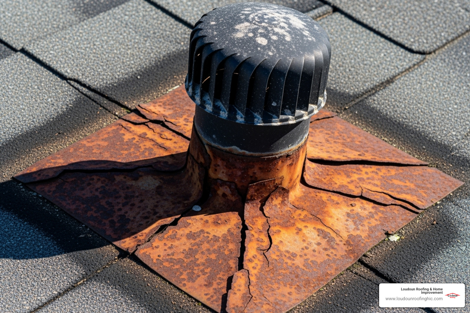 Image of rusted and cracked flashing around a vent pipe. - Roof and window flashing