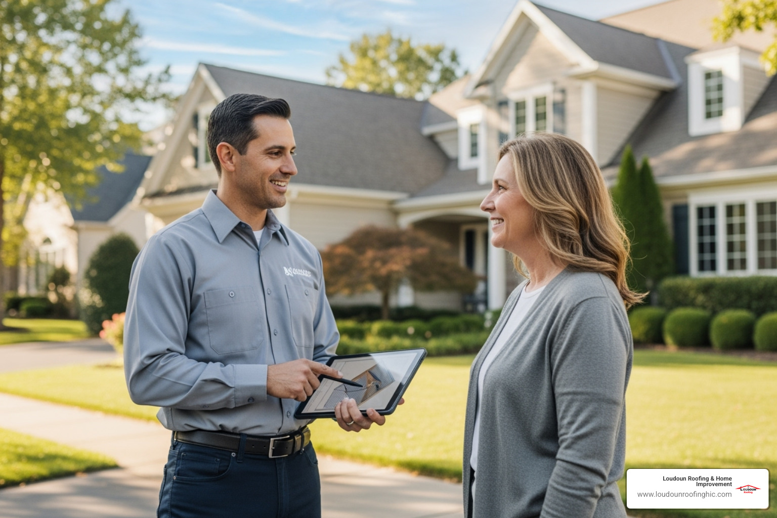 Friendly Loudoun Roofing inspector talking with a homeowner in front of their house - roof inspection McLean