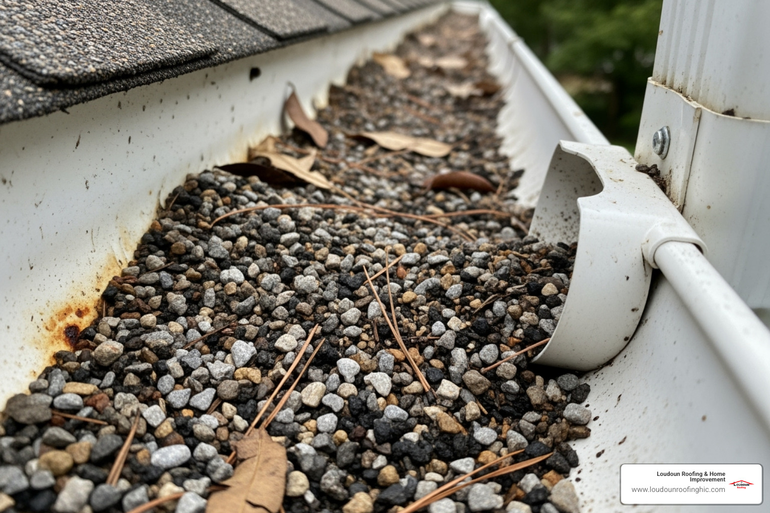 Shingle granules collected in a gutter downspout, indicating wear - roof inspection McLean