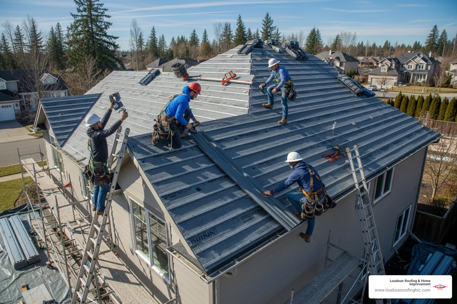 professional roofing crew installing metal roof - metal roofing near great falls va
