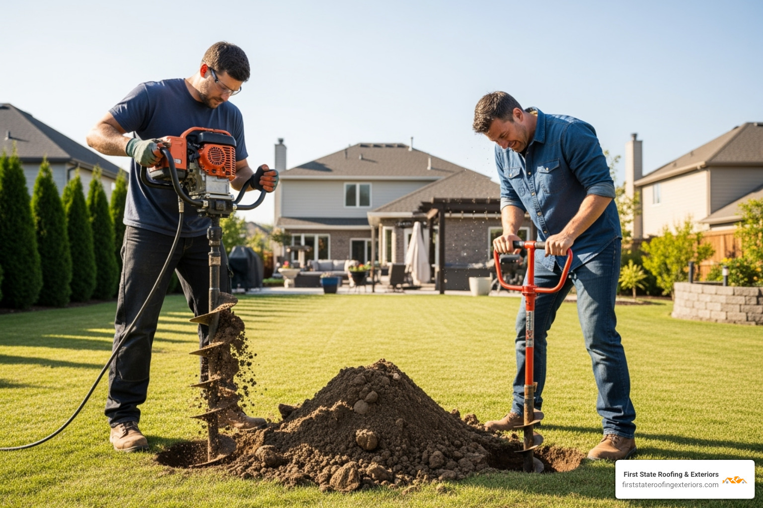 professional fence installer using an auger, contrasted with a frustrated homeowner struggling with a post-hole digger - fence installation Delaware