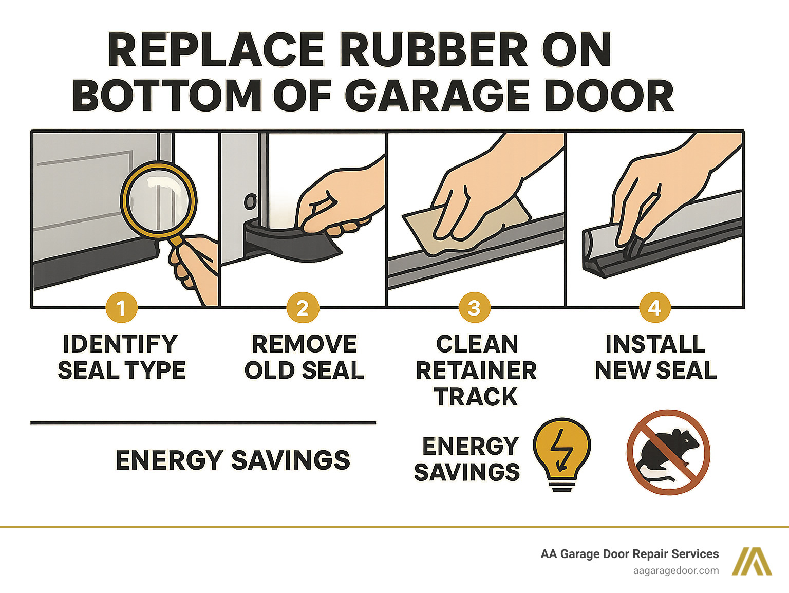 Infographic showing garage door bottom seal replacement process with four main steps: identify seal type, remove old seal, clean retainer track, and install new seal with energy savings and pest prevention benefits highlighted - replace rubber on bottom of garage door infographic 