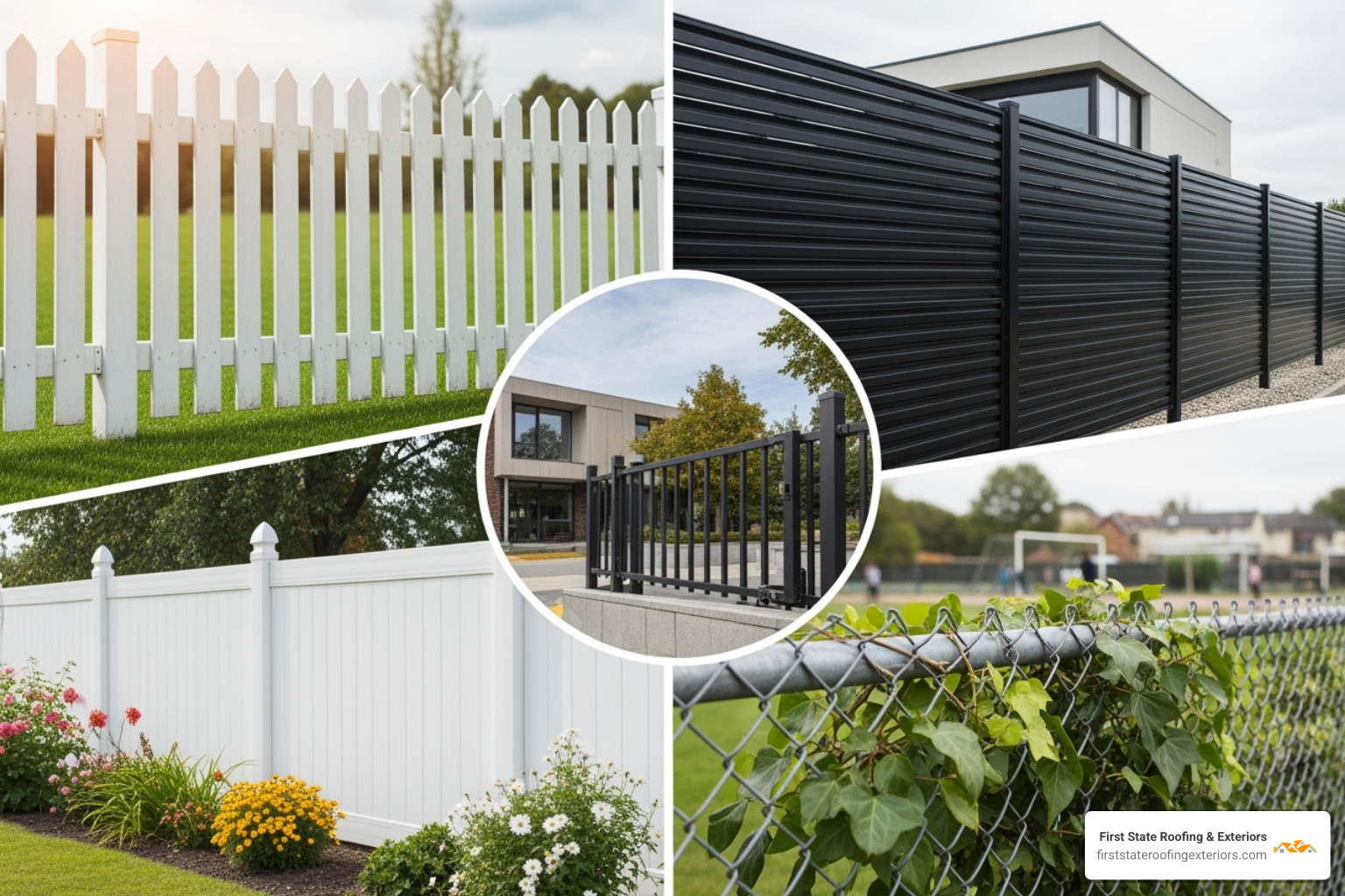 collage showing different fence materials: a classic wood picket fence, a modern aluminum fence, a low-maintenance vinyl fence, and a practical chain-link fence - fence installation Delaware