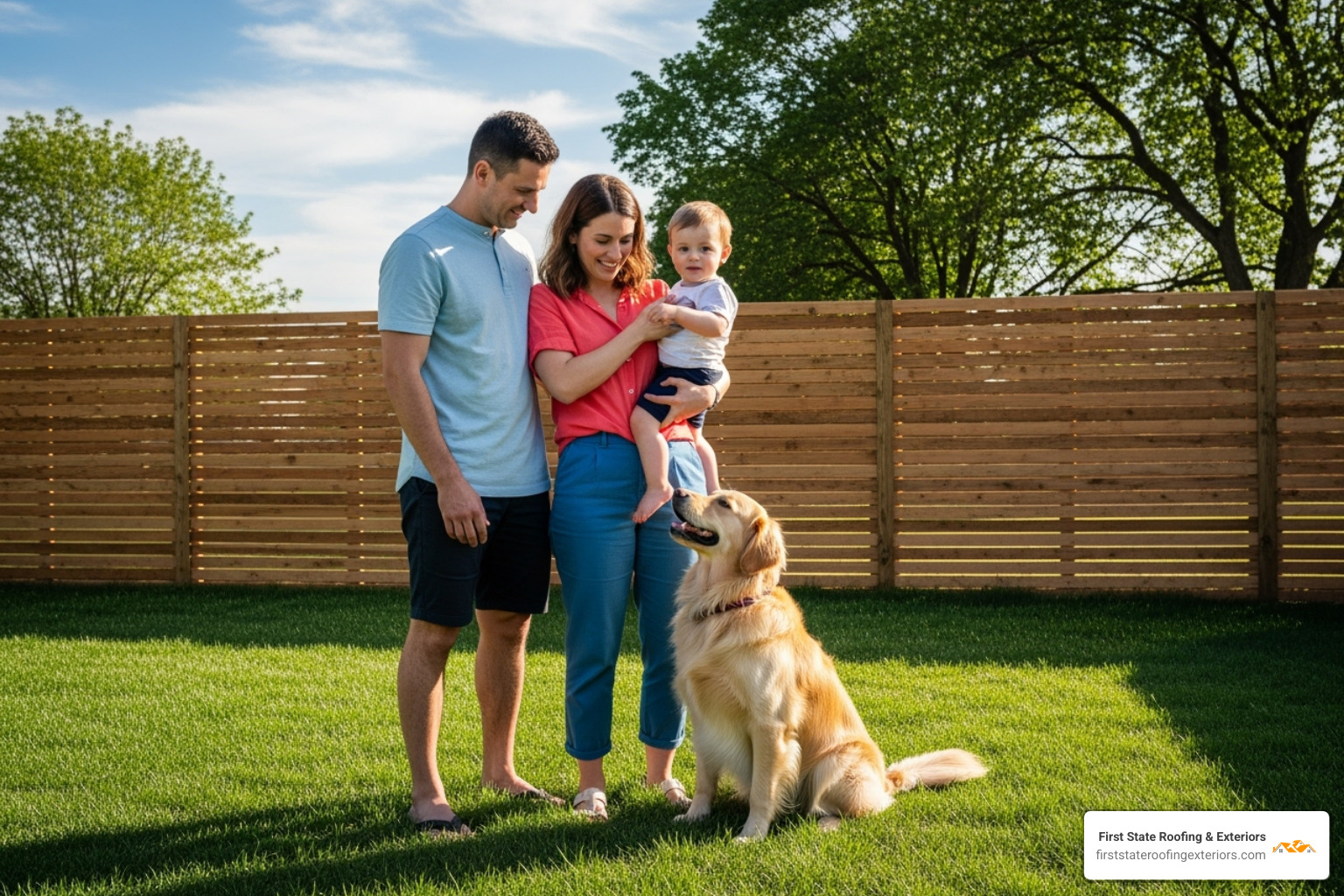 finished fence project with a happy family and their pet in the yard - fence installation Delaware