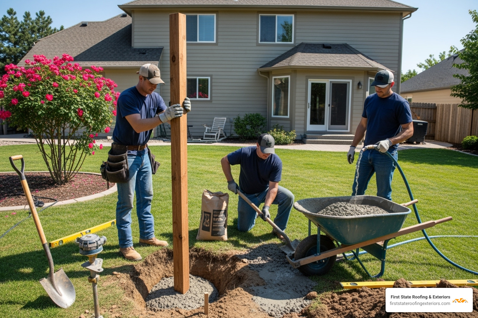fence installation crew setting posts in concrete - fence installation Delaware