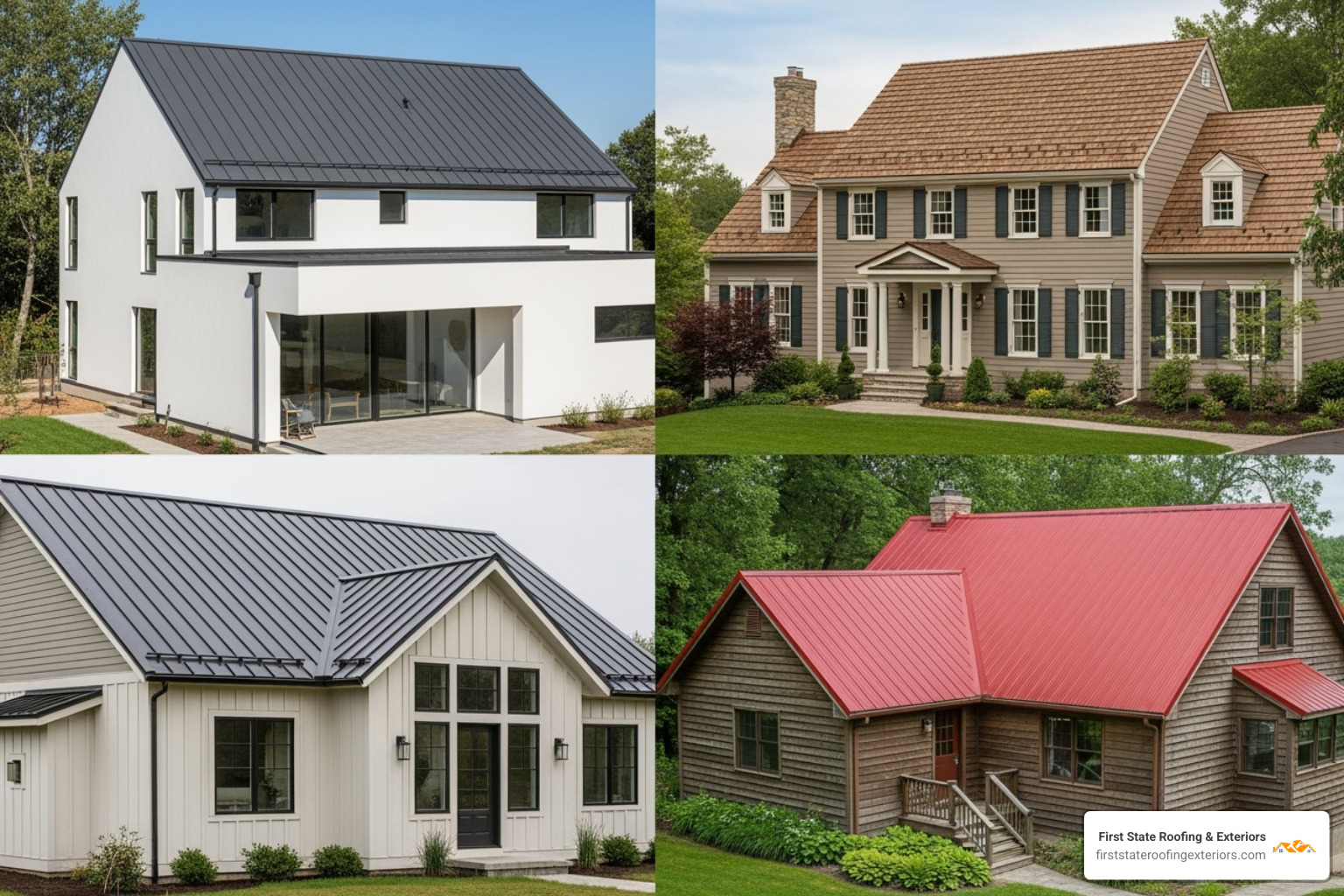 collage showcasing various metal roof styles: standing seam, metal shingles, and ribbed panels in different colors - high quality metal roofing
