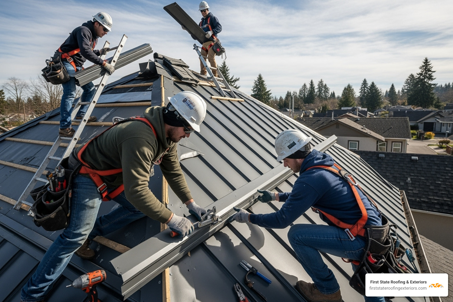 roofing crew expertly installing a standing seam metal panel - high quality metal roofing