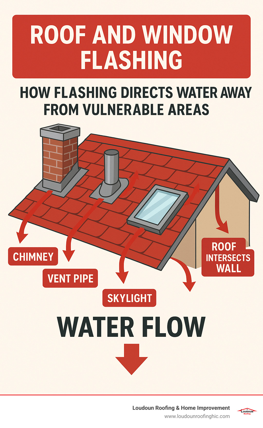 Detailed infographic showing how flashing directs water flow away from vulnerable roof areas including chimneys, vent pipes, skylights, and wall intersections, with arrows indicating proper water drainage paths - Roof and window flashing infographic 
