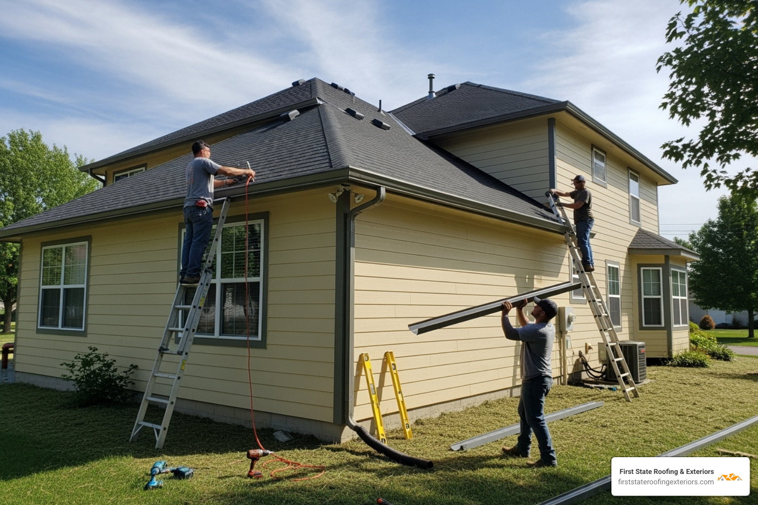 A new, complete gutter system being installed on a house - Gutter repair cost