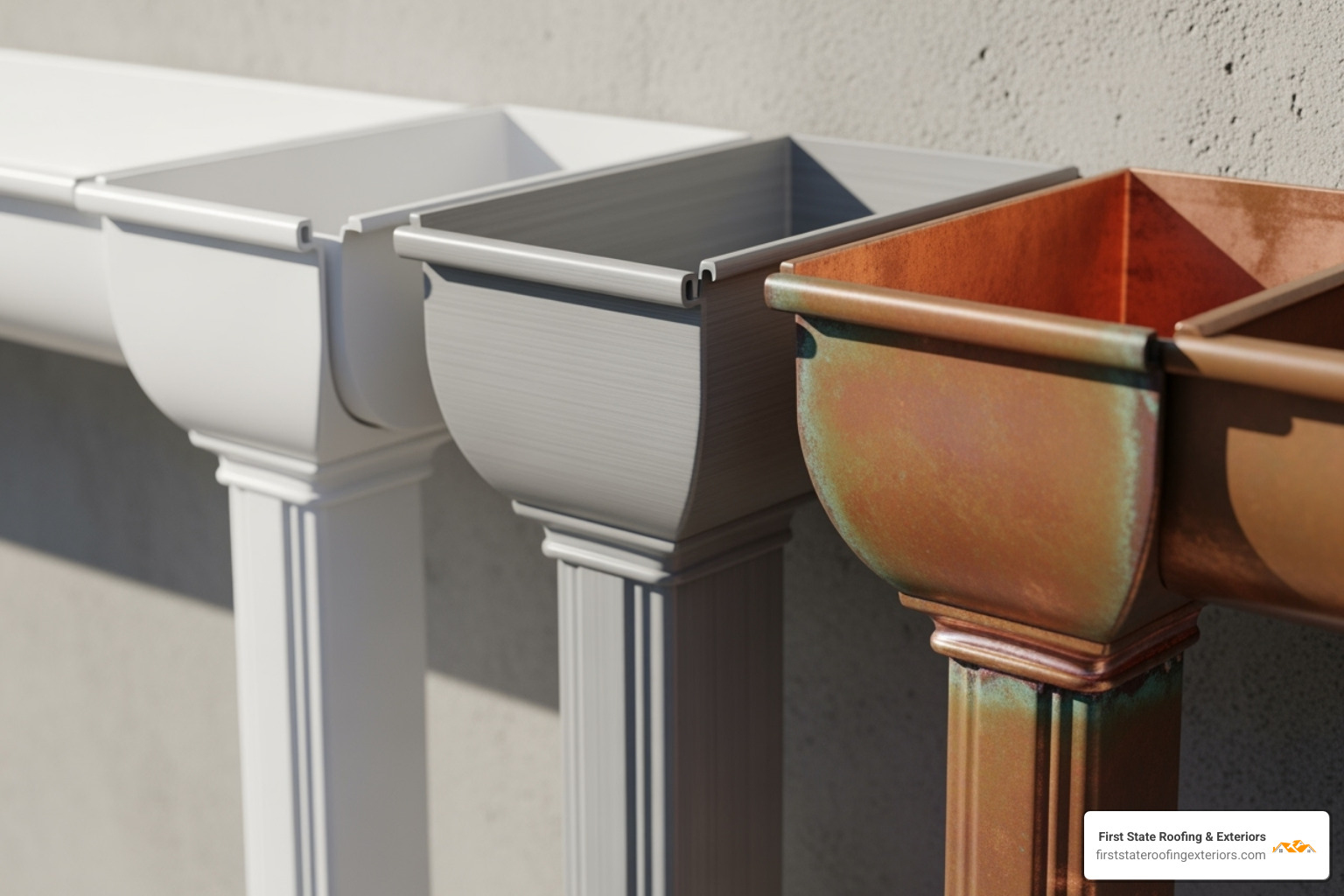 Various gutter materials like vinyl, aluminum, and copper side-by-side - Gutter repair cost