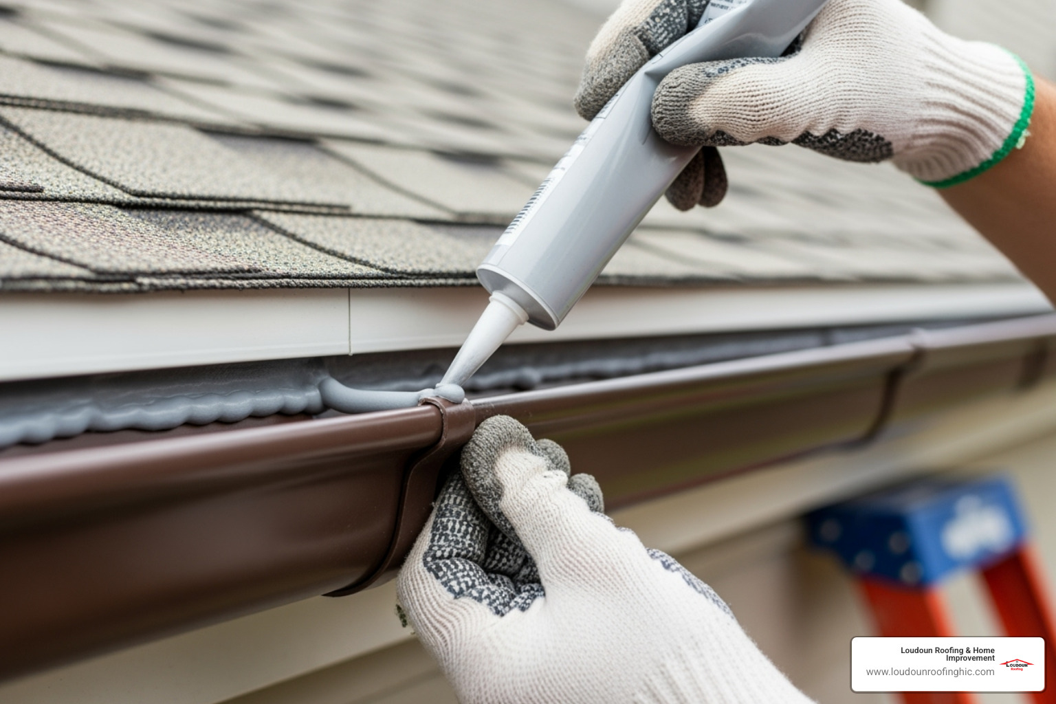 Homeowner applying sealant to a small gutter seam - Roof and gutter repair