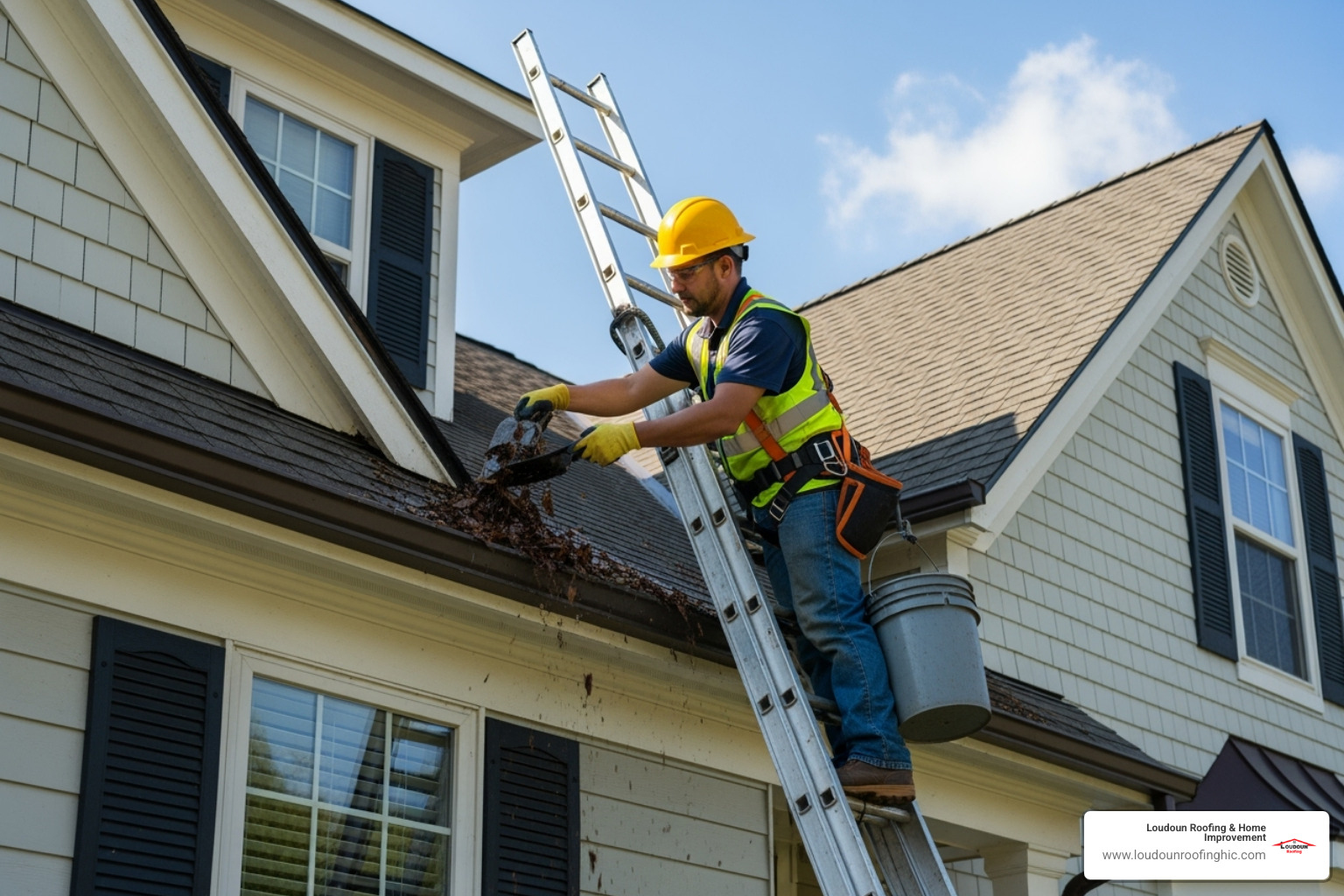 Professional safely cleaning leaves out of a gutter - Roof and gutter repair