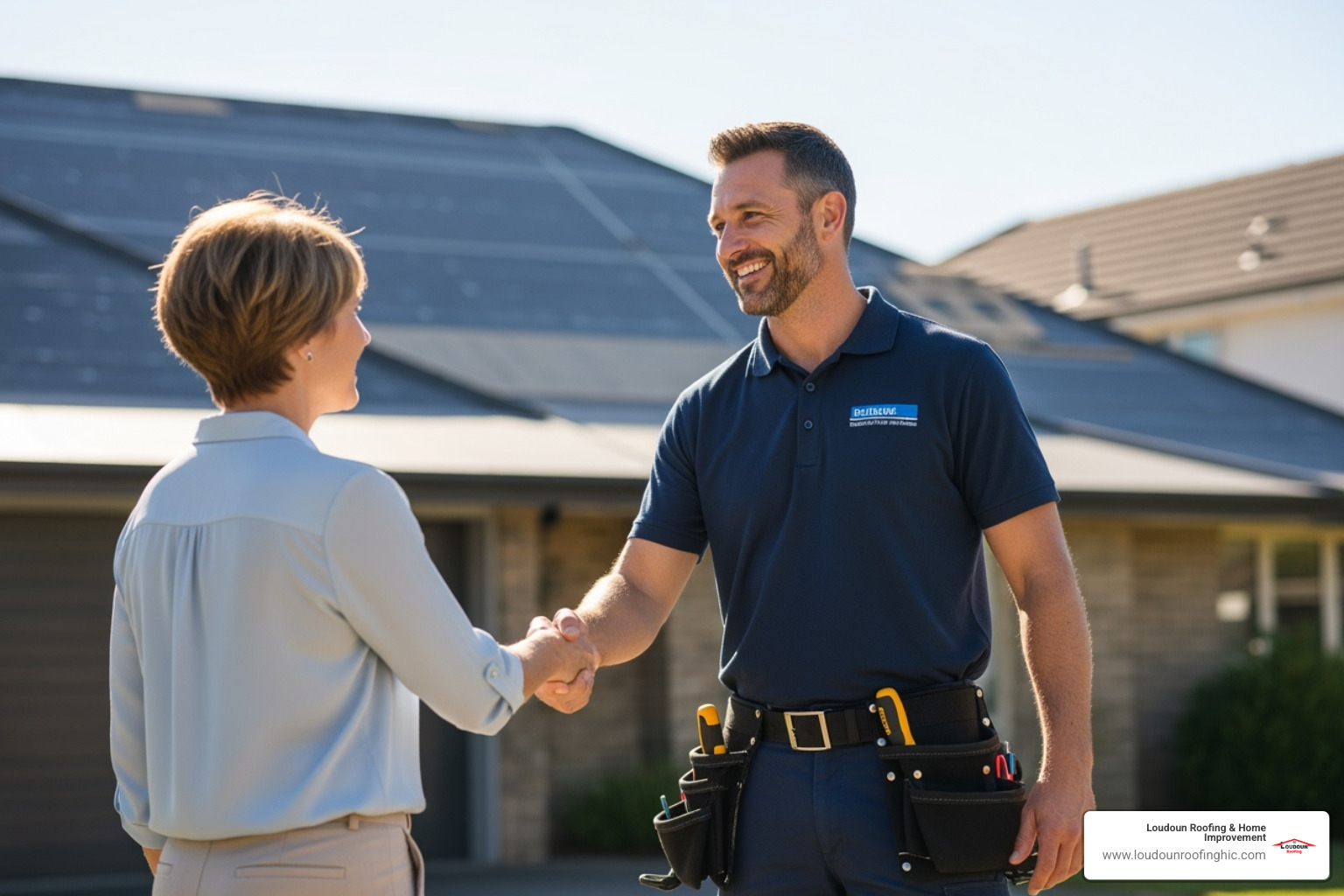 Friendly, professional roofer shaking hands with a happy homeowner - Roof and gutter repair