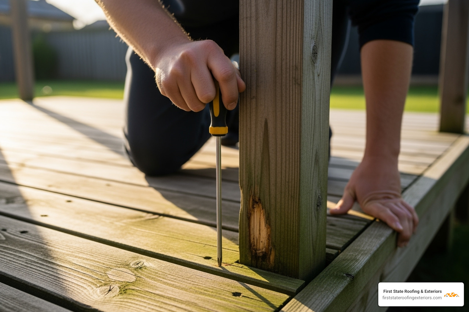 person using a screwdriver to test a wooden deck post for rot - deck repair Delaware