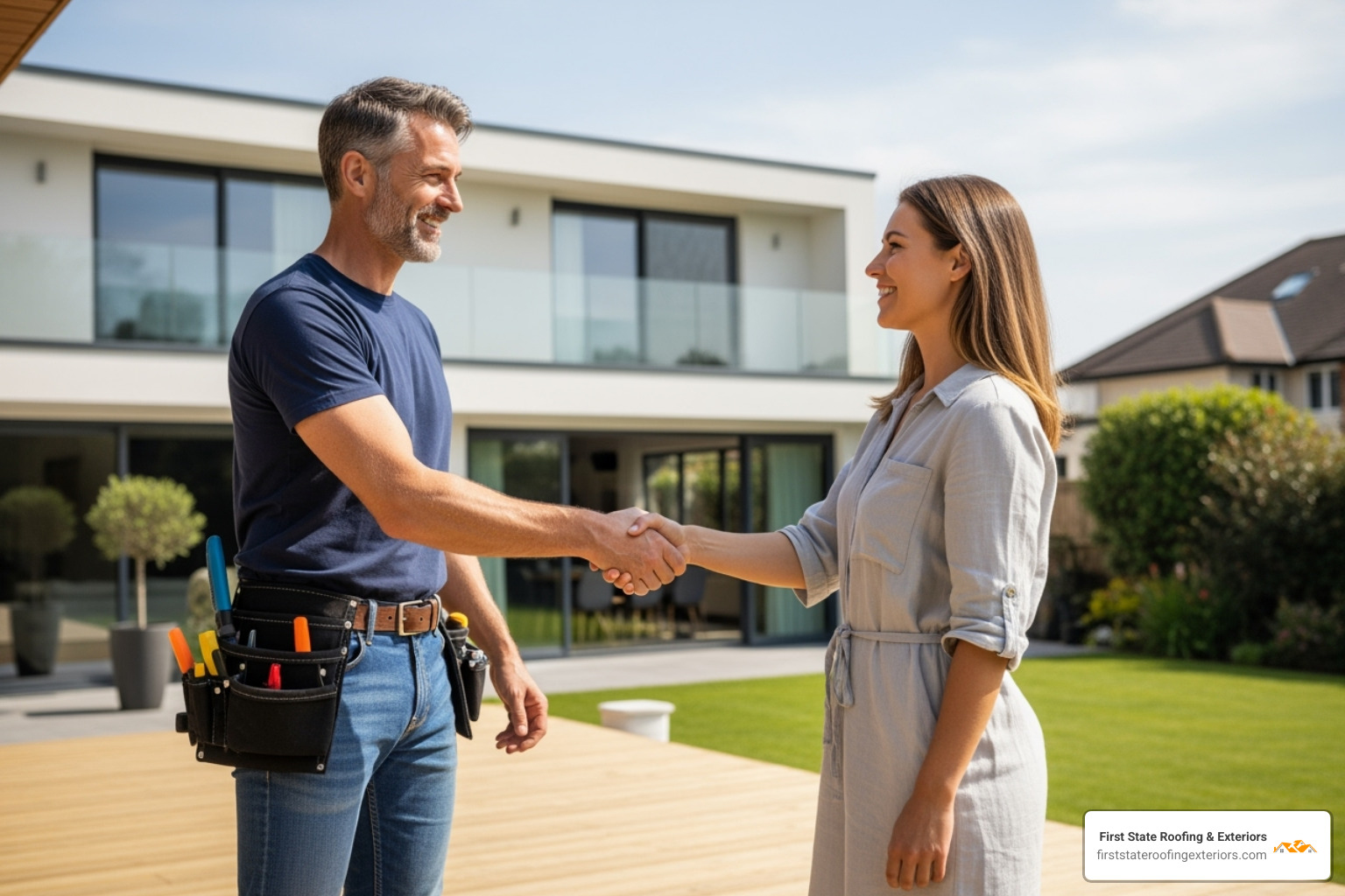 friendly contractor from First State Roofing & Exteriors shaking hands with a smiling homeowner - deck repair Delaware