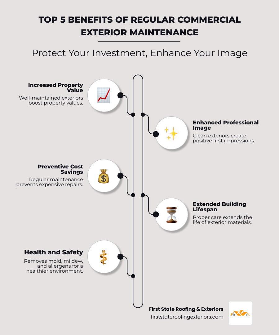 Infographic showing the top 5 benefits of regular commercial exterior maintenance: 1) Increased Property Value - Well-maintained exteriors boost property values, 2) Improved Professional Image - Clean exteriors create positive first impressions, 3) Preventive Cost Savings - Regular maintenance prevents expensive repairs, 4) Extended Building Lifespan - Proper care extends the life of exterior materials, 5) Health and Safety - Removes mold, mildew, and allergens for a healthier environment - commercial exterior services infographic infographic-line-5-steps-neat_beige