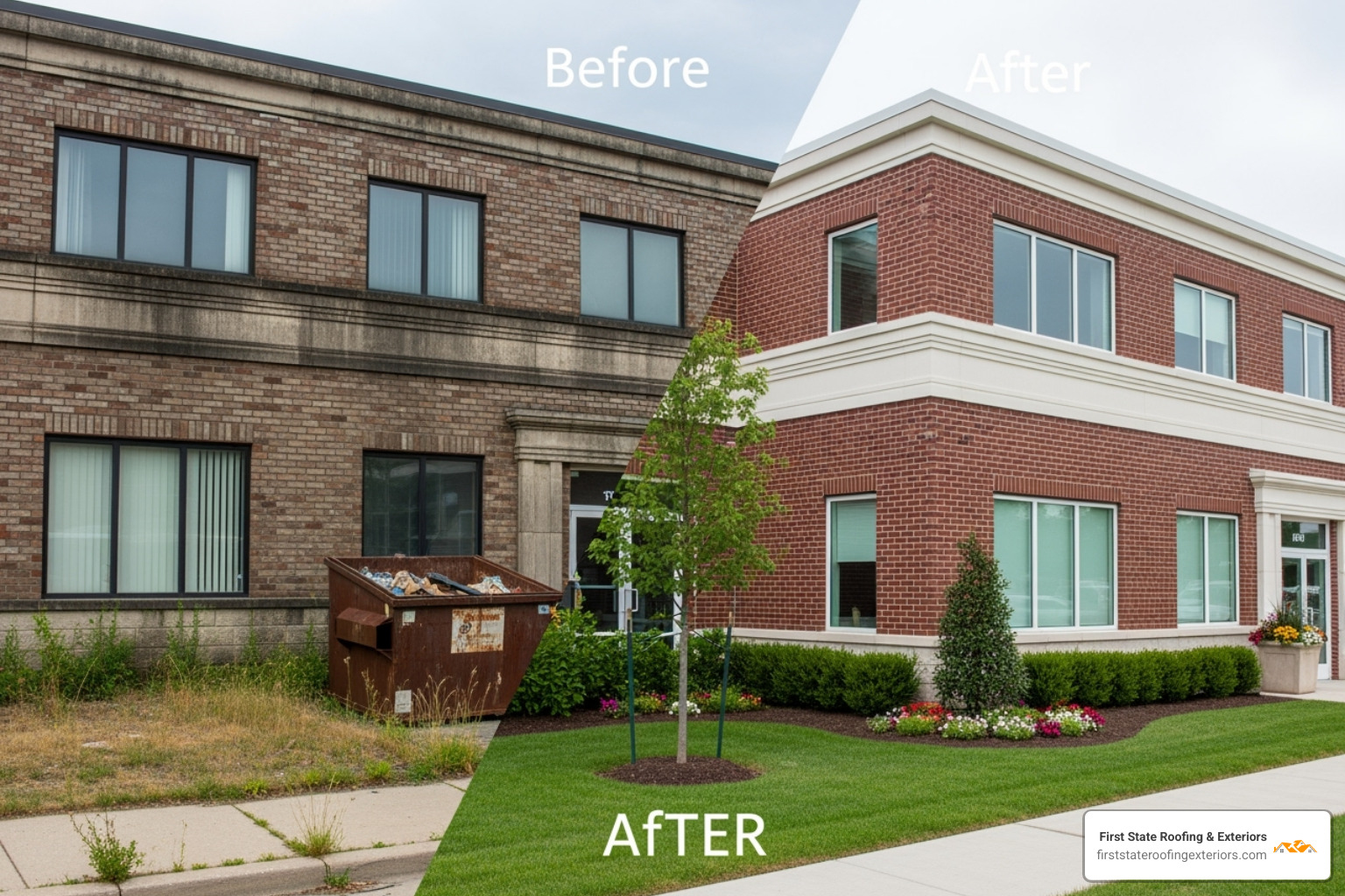 before and after commercial building - commercial exterior services