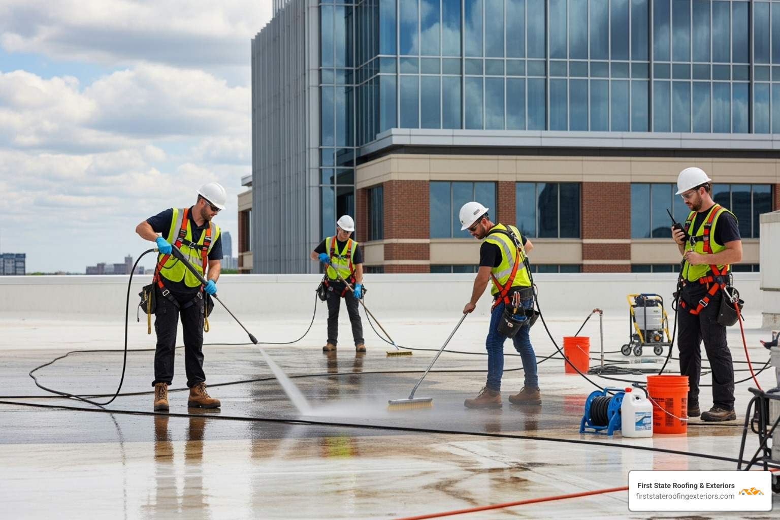 team cleaning commercial roof - commercial exterior services