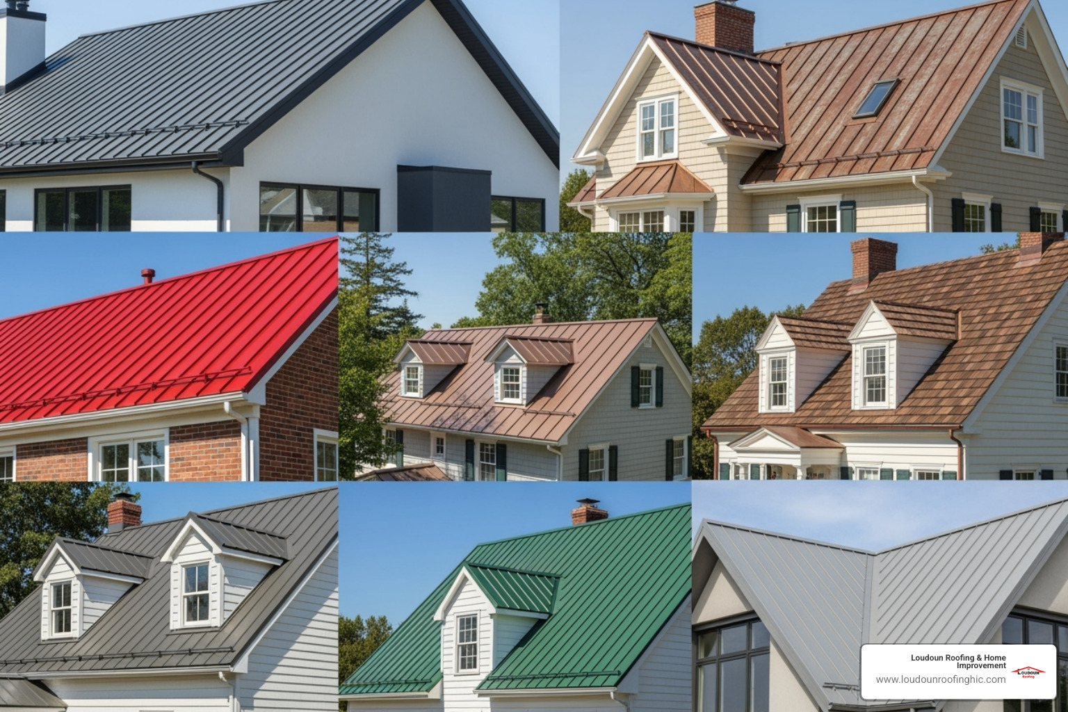 collage showcasing different metal roof styles and colors - metal roofing McLean