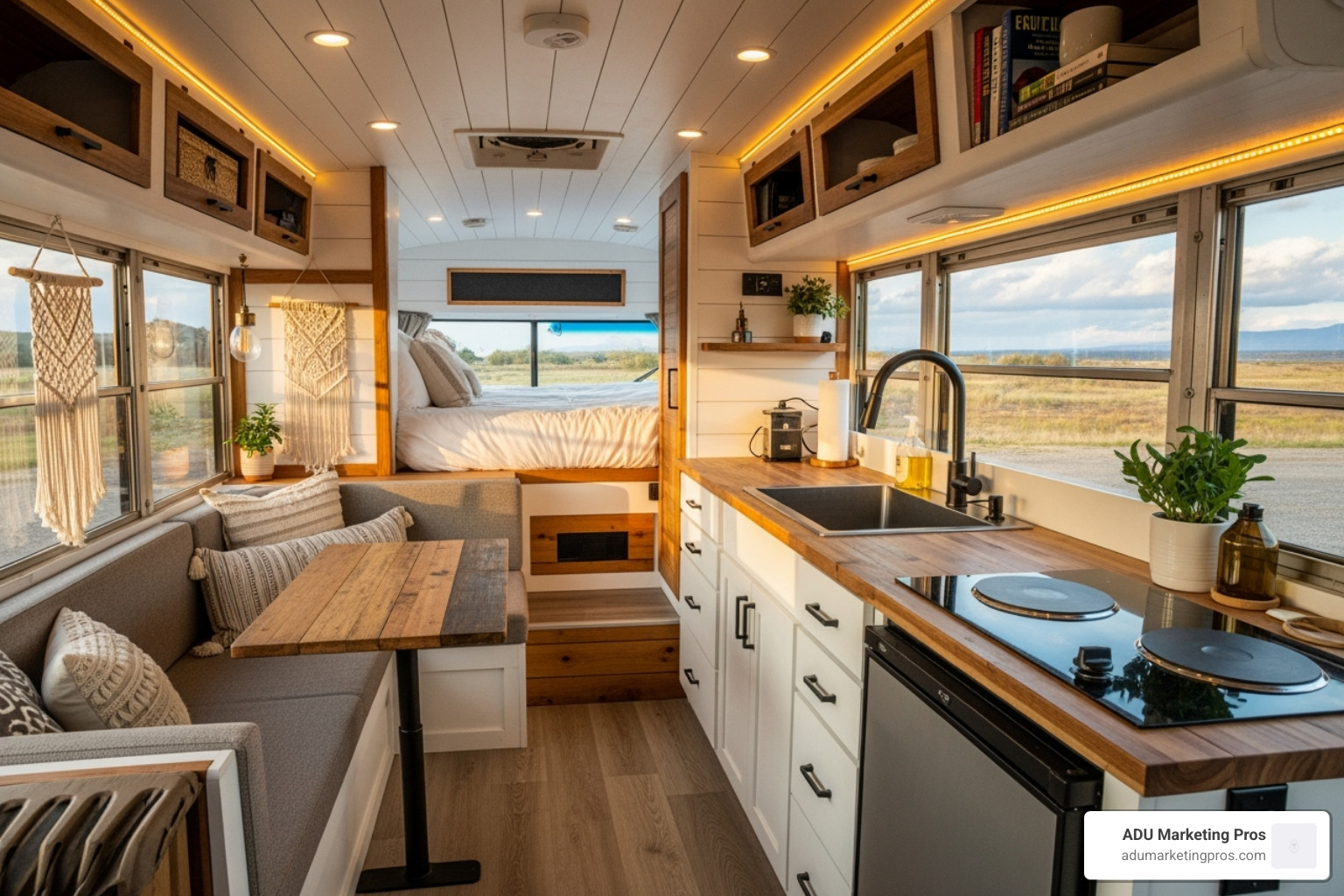 stylishly converted school bus (skoolie) interior - tiny house