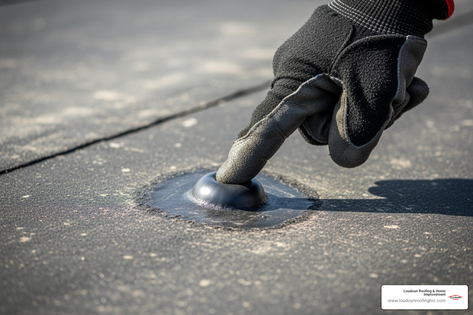 roofer pointing out blistering on a flat roof membrane - Commercial flat roof repair