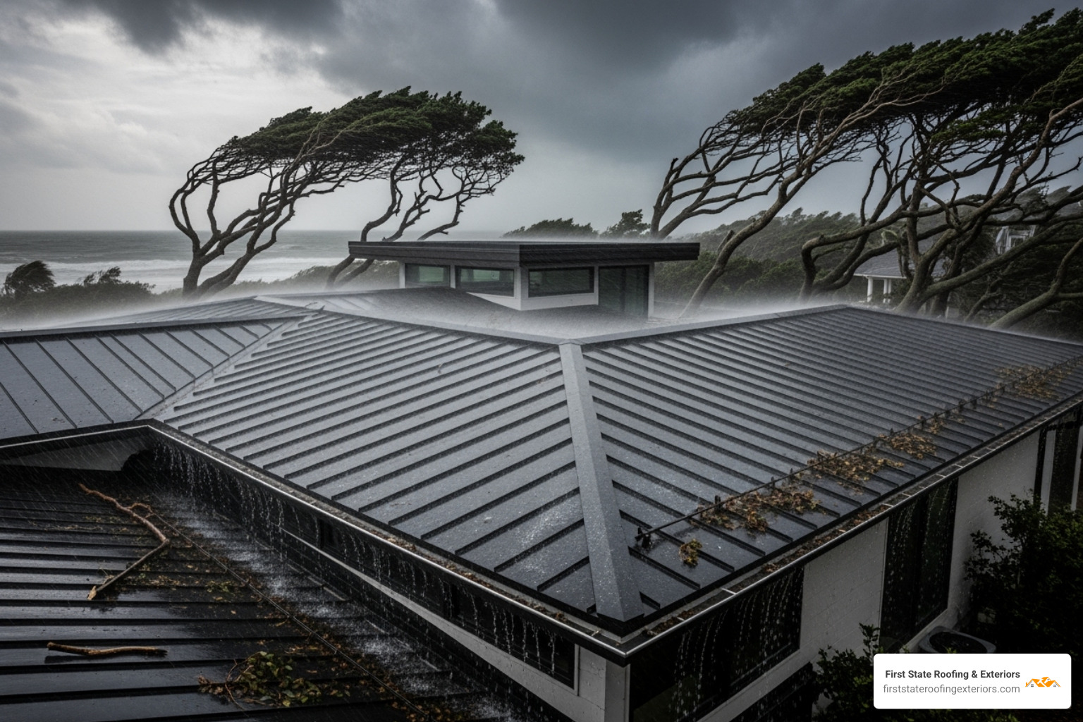 A modern metal roof withstanding a coastal Delaware storm, showing its resilience against high winds and heavy rain - metal roofing Delaware