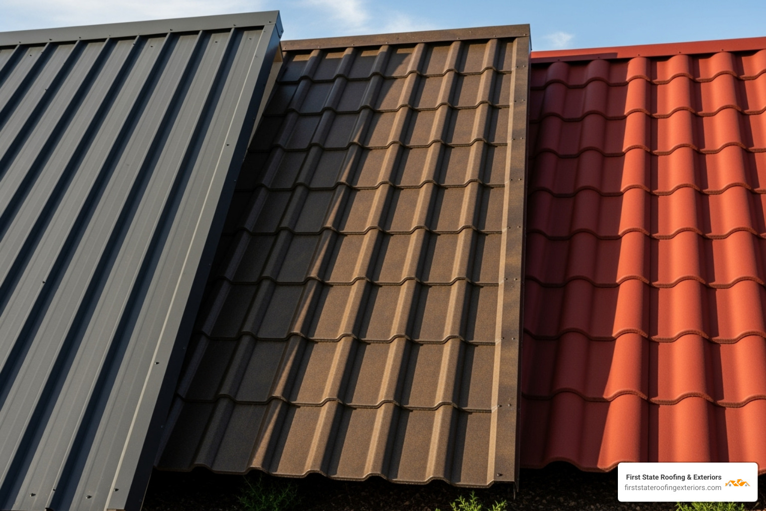 An image showing different metal roof styles including standing seam, metal shingles, and metal tile, highlighting their diverse appearances - metal roofing Delaware