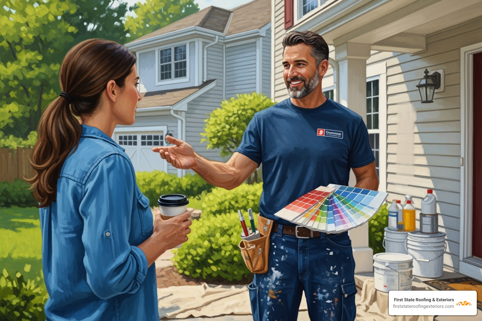 friendly contractor discussing project with homeowner - exterior painting Delaware