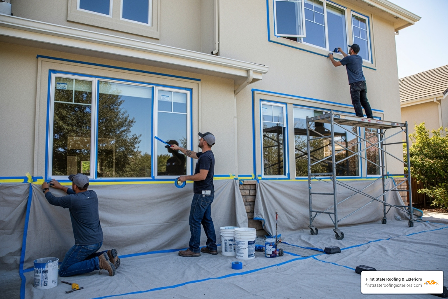 painters carefully prepping a house exterior by taping windows and laying tarps - exterior painting Delaware