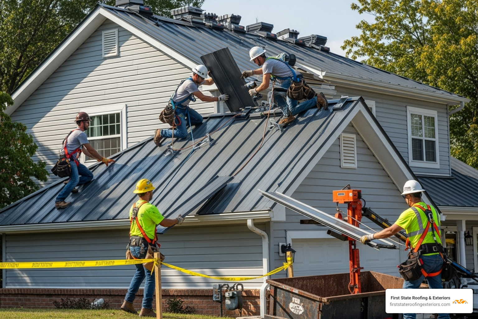 A professional roofing crew working diligently on a Delaware home, showcasing teamwork and safety measures - metal roofing Delaware