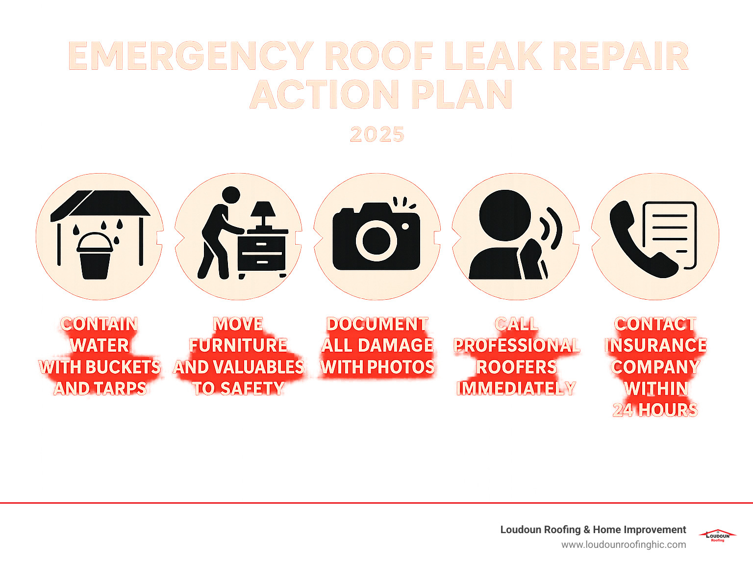 Emergency roof leak repair action plan infographic showing 5 critical steps: 1) Contain water with buckets and tarps, 2) Move furniture and valuables to safety, 3) Document all damage with photos, 4) Call professional roofers immediately, 5) Contact insurance company within 24 hours - roof leak repair McLean infographic 