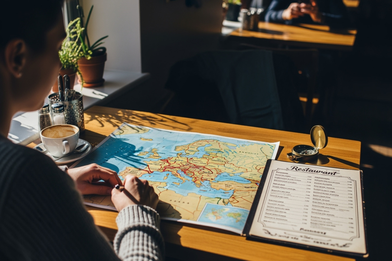 person looking at a travel map and a menu - Fine dining vacations