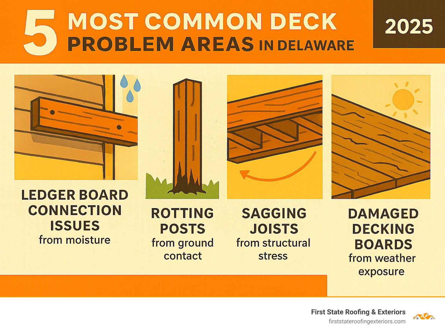 Infographic showing the 5 most common deck problem areas in Delaware homes: ledger board connection issues from moisture, rotting posts from ground contact, sagging joists from structural stress, damaged decking boards from weather exposure, and loose railings from fastener corrosion - deck repair Delaware infographic 