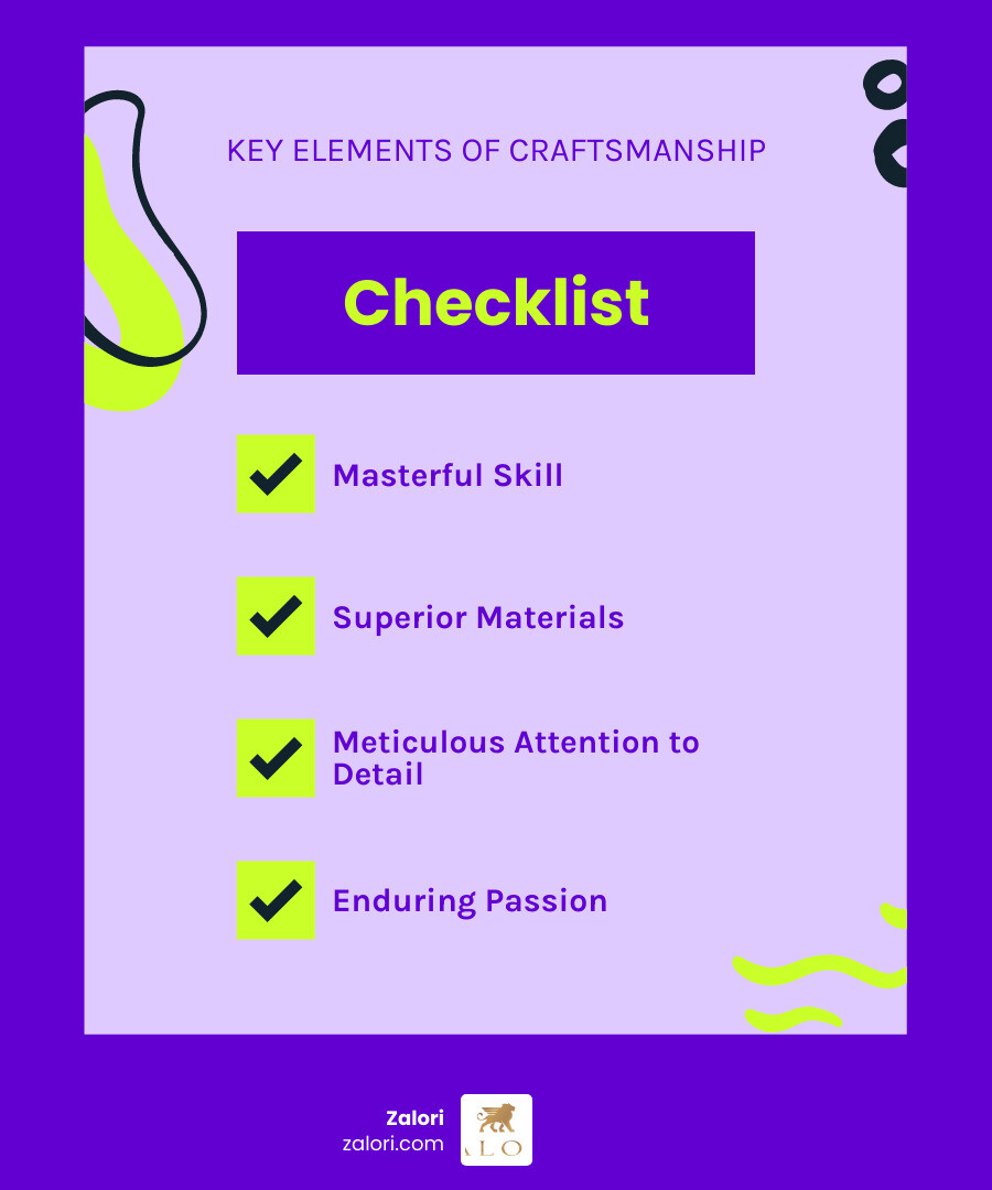 Infographic showing the four pillars of high quality craftsmanship: Masterful Skill (represented by skilled hands working), Superior Materials (showing precious metals and gems), Attention to Detail (magnifying glass over intricate work), and Enduring Passion (flame symbol representing dedication that outlasts motivation) - High quality craftsmanship infographic checklist-fun-neon