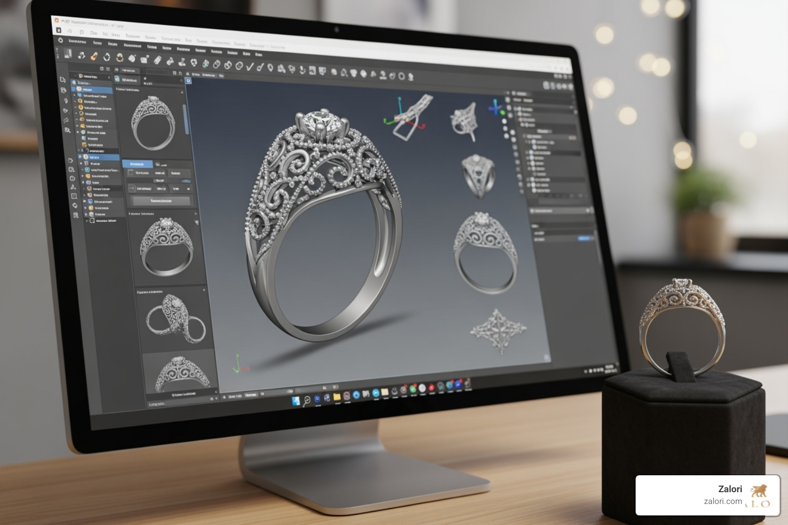 CAD jewelry design on a computer screen next to the finished physical piece - High quality craftsmanship