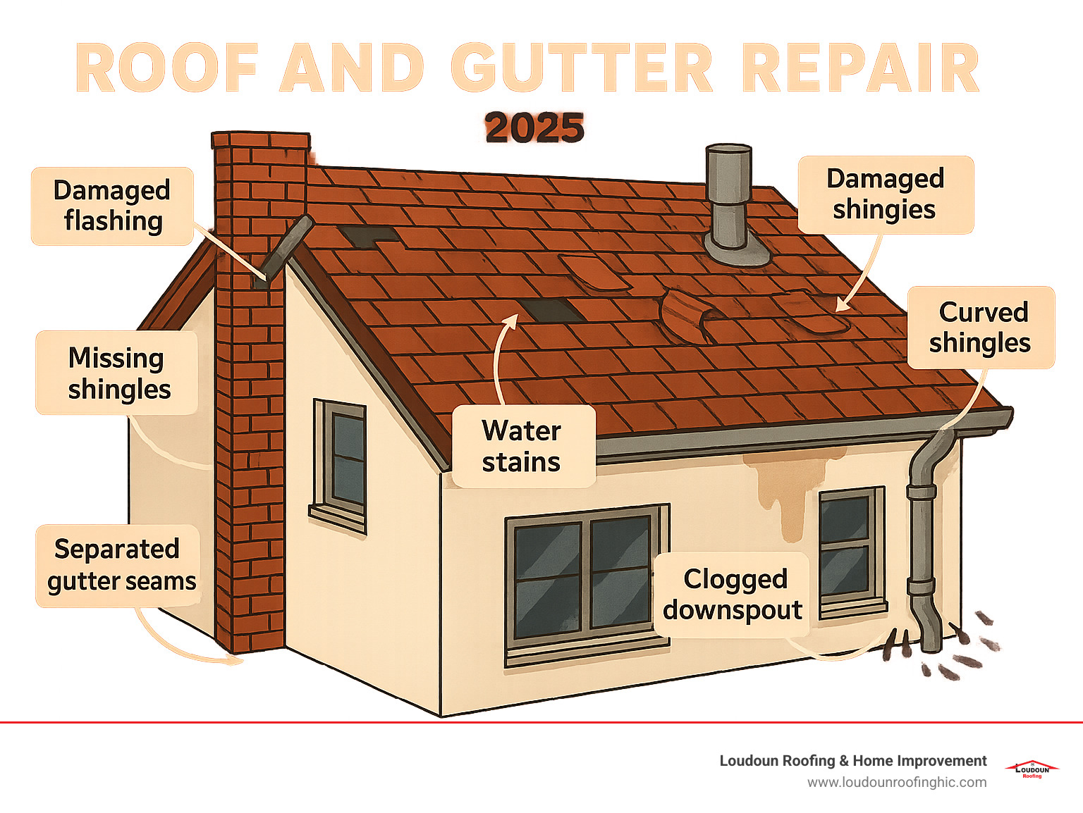 Detailed infographic showing common roof and gutter problem areas including damaged flashing around chimneys and vents, separated gutter seams, clogged downspouts, missing or curled shingles, and water stains indicating leak points - Roof and gutter repair infographic 