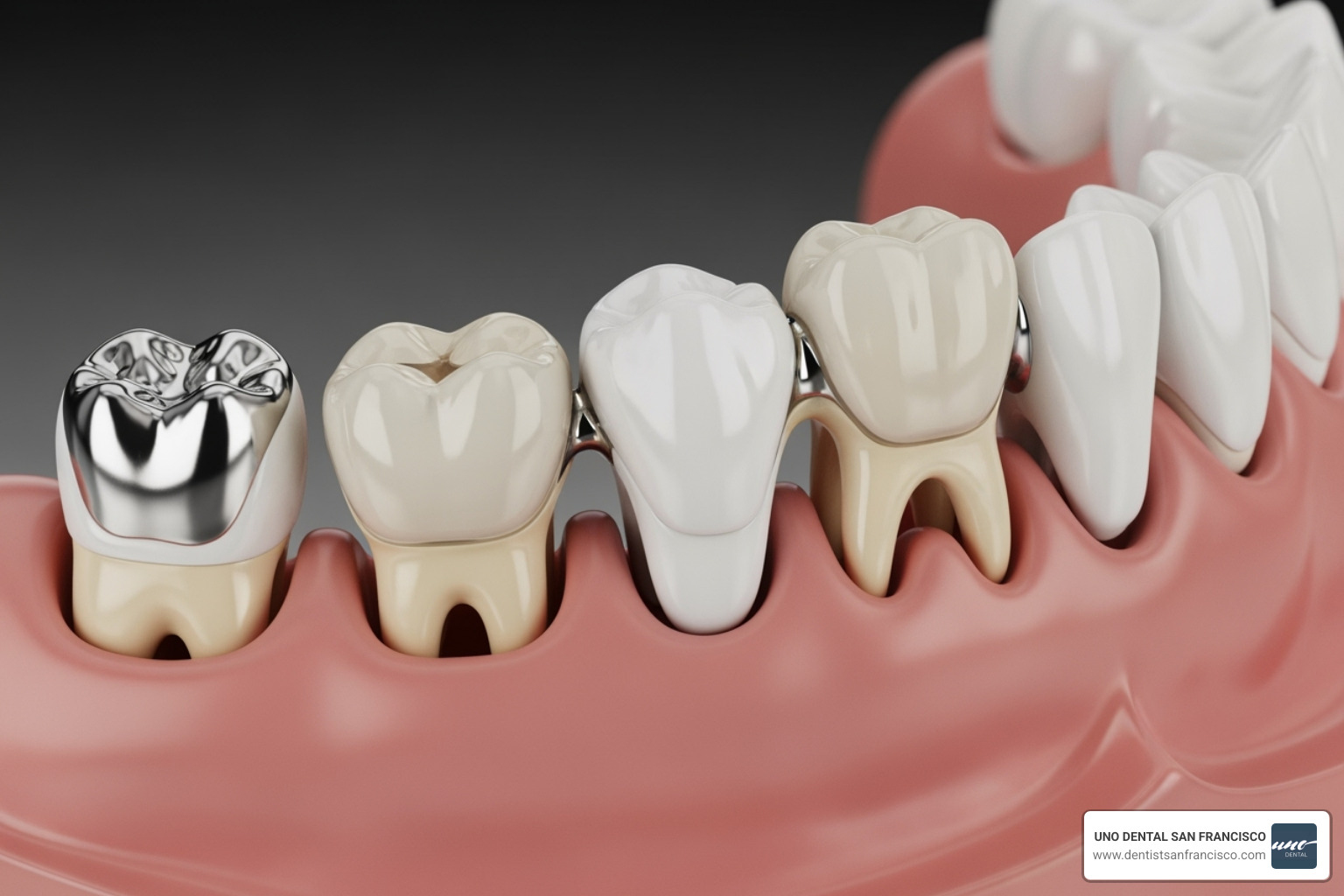Examples of different dental restorations including a tooth filling, a dental crown, and a dental bridge - dental filling restoration