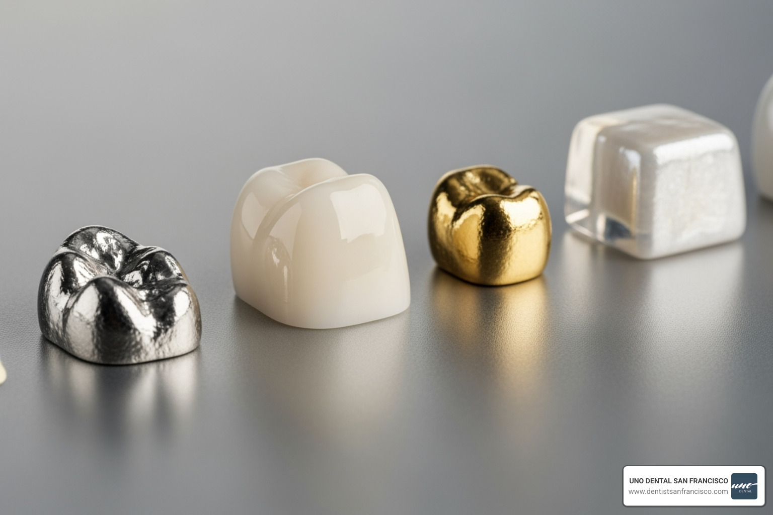 Image showing different types of dental filling materials: silver amalgam, tooth-colored composite, gold, and ceramic - dental filling restoration