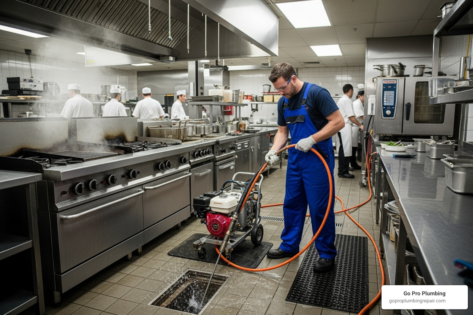 Image of a plumber using a hydro-jetting machine to clear a commercial drain - commercial blocked drains