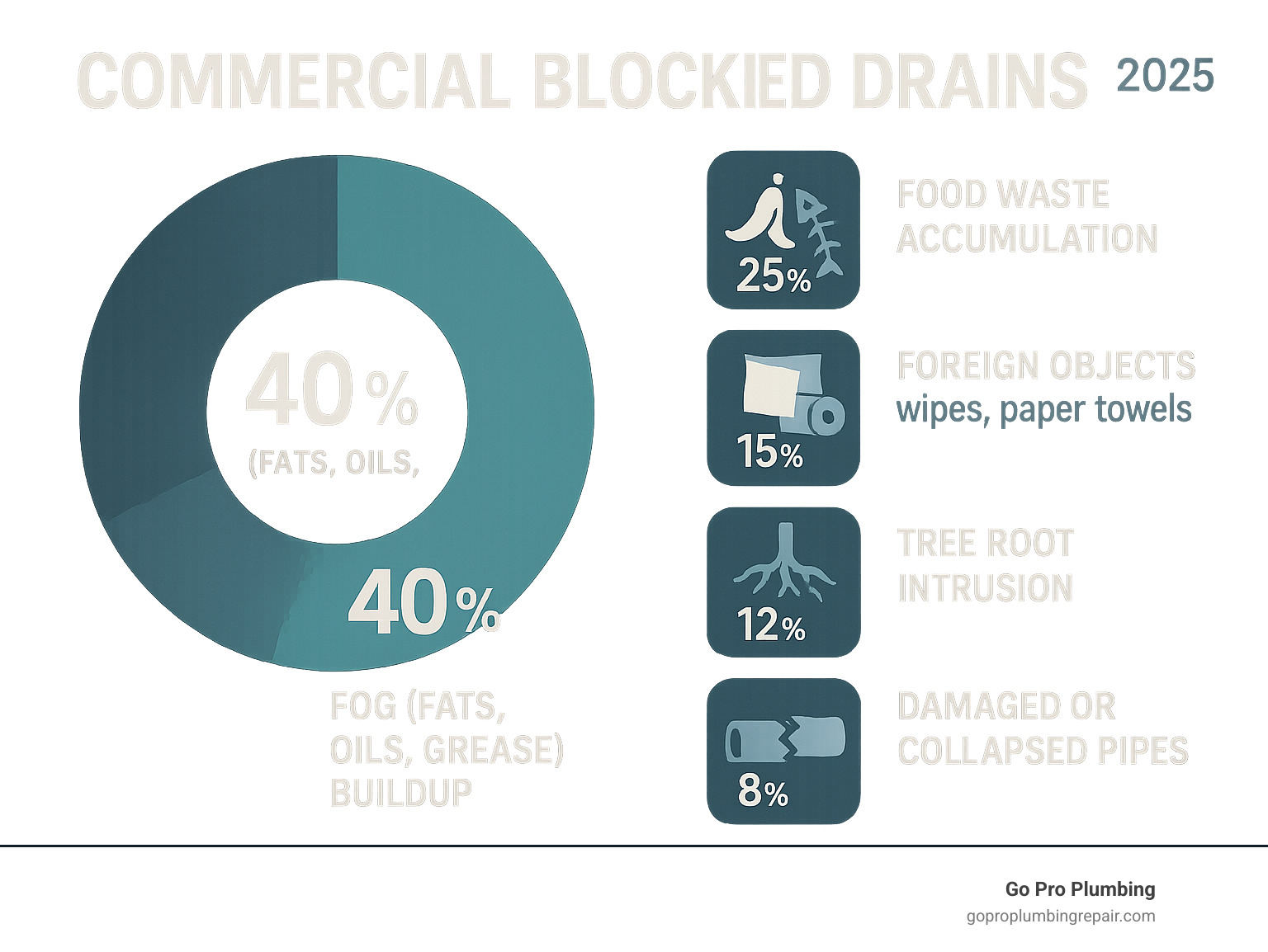 Infographic showing the top 5 causes of commercial drain blockages: FOG (fats, oils, grease) buildup at 40%, food waste accumulation at 25%, foreign objects like wipes and paper towels at 15%, tree root intrusion at 12%, and damaged or collapsed pipes at 8% - commercial blocked drains infographic 